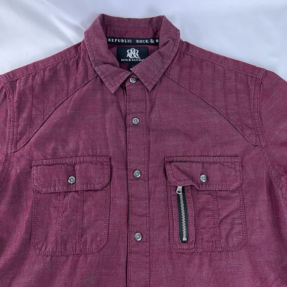 Rock & Republic Men's Small Button Shirt Short Sleeve Maroon Front Pocket Zip - Picture 9 of 9